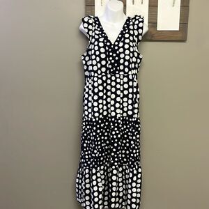 LOFT Navy White Polka Dot V-Neck Ruffled Flowy MIDI Dress- Medium